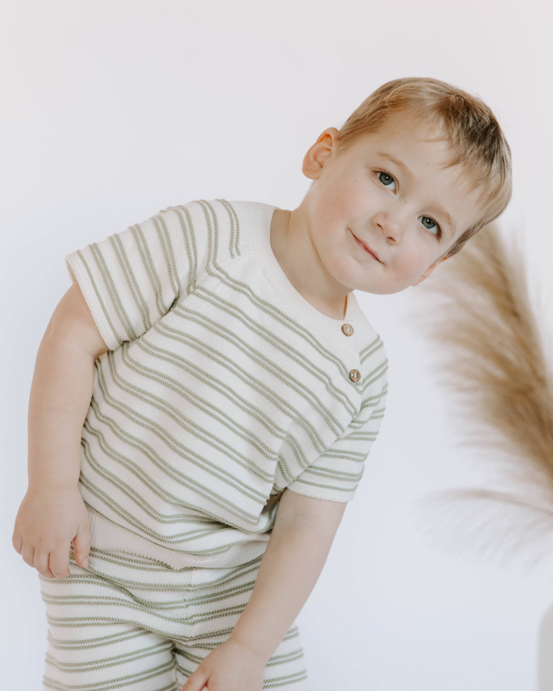 Organic Cotton Knit Stripe Short Set: Sage