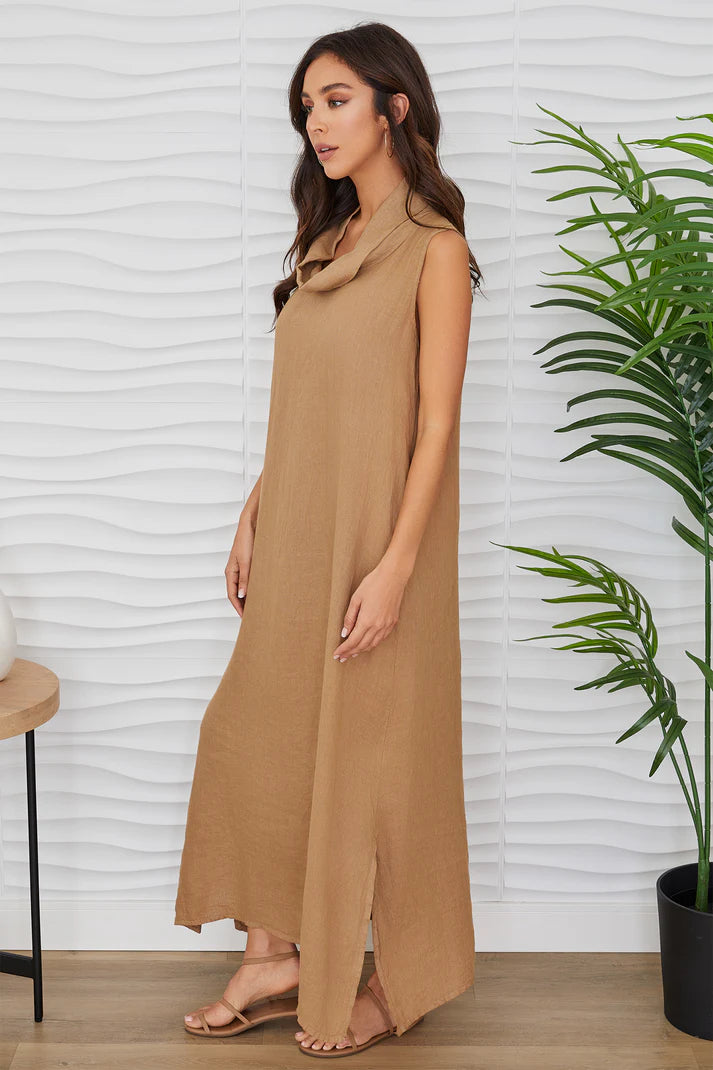 High Cowl Neck Linen Dress