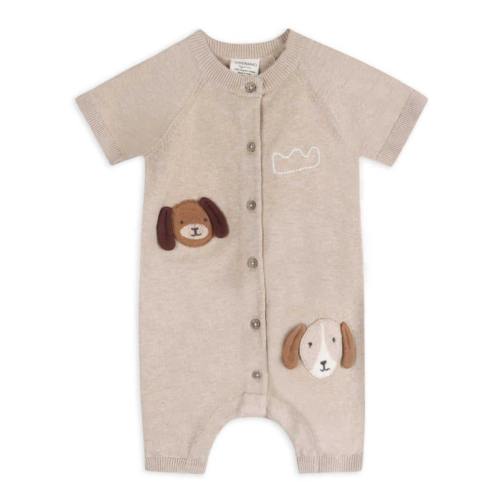 Doggy Applique Baby Knit Romper (Organic Cotton): Oat Heather