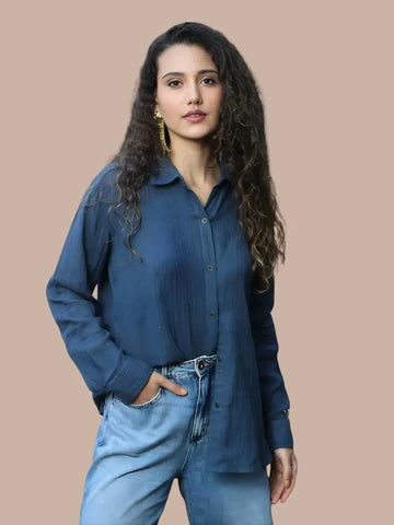 Boho Peace Sign Shirt in Denim Blue – Double Gauze Cotton