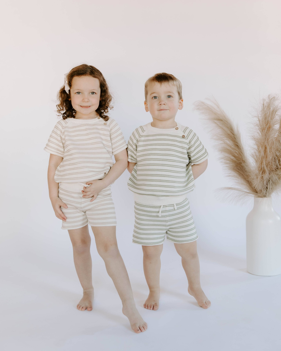 Organic Cotton Knit Stripe Short Set: Sage