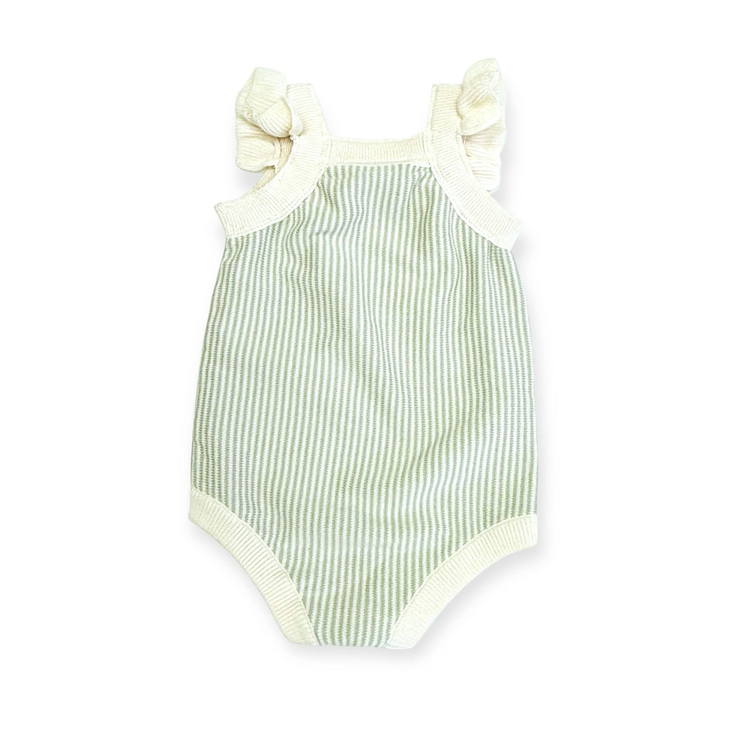 Organic Cherry Stripe Embroidered Baby Ruffle Romper Set: Natural/Sage Stripe