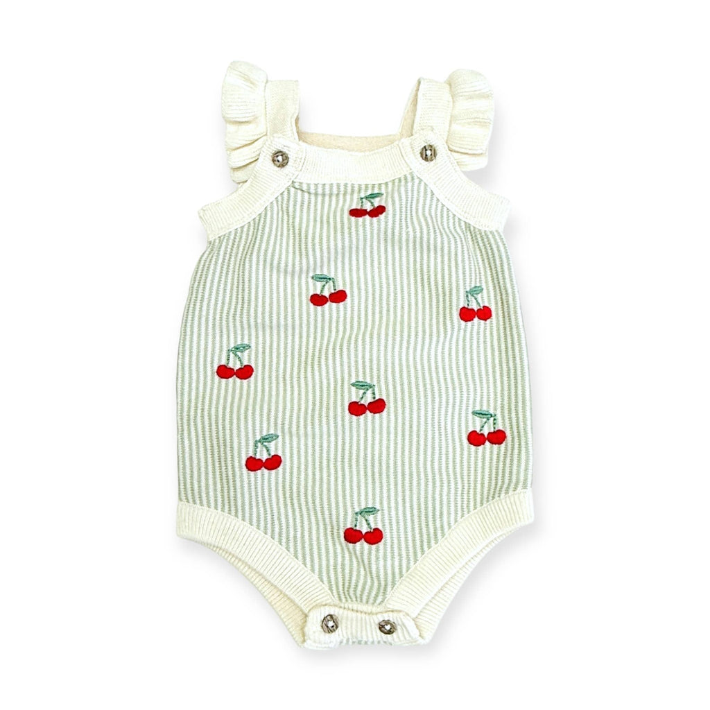 Organic Cherry Stripe Embroidered Baby Ruffle Romper Set: Natural/Sage Stripe