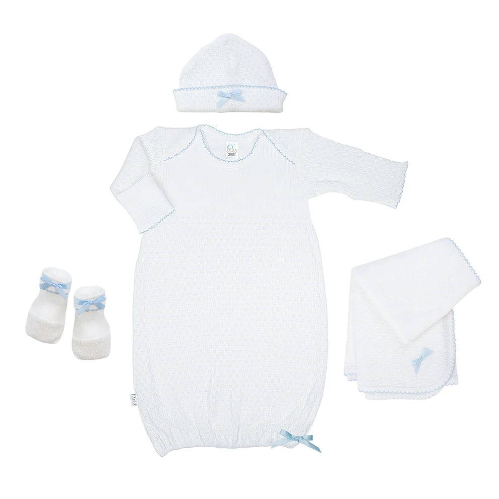 Paty Knit Solid Color Newborn Gown Gift Set (White w/ Blue Trim)
