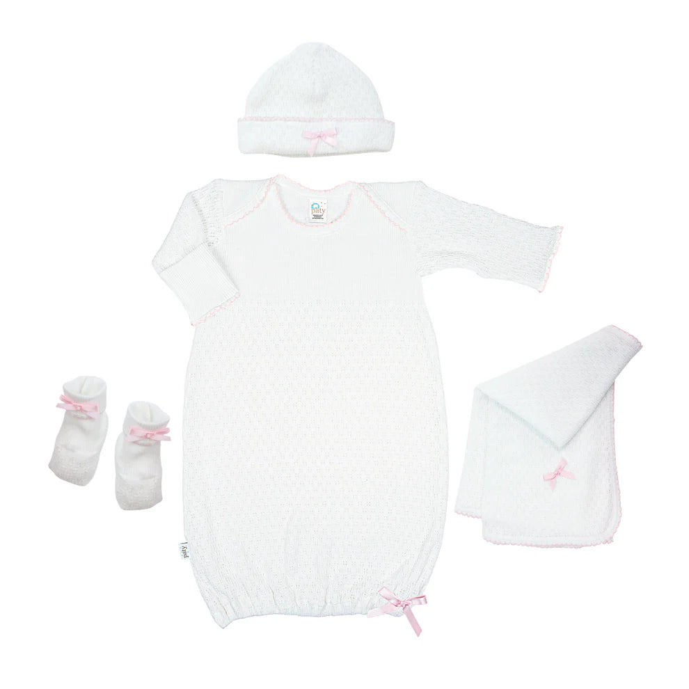 Paty Knit Solid Color Newborn Gown Gift Set (White w/ Pink Trim)